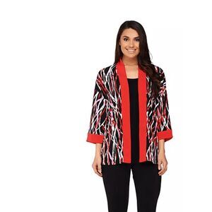 Bob Mackie Womens 3X Printed Kimono Top Red Contrast Solid Trim Stretch NWT